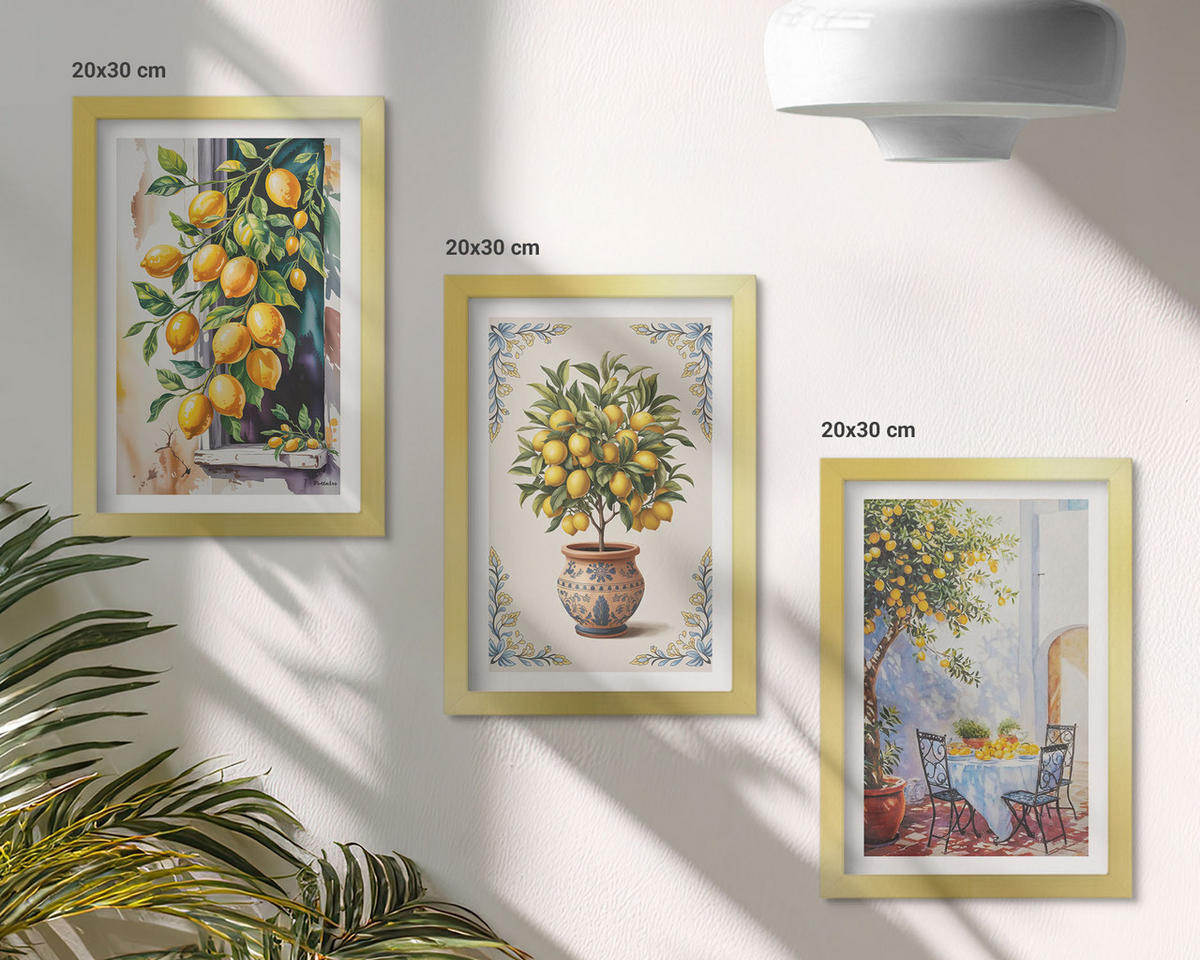 WANDBILDER 3er Set - 20x30 cm Goldrahmen - Zitronenbäume Früchte Sonne - Goldfarben, Kunststoff (20/30cm) - ArtPrintCave