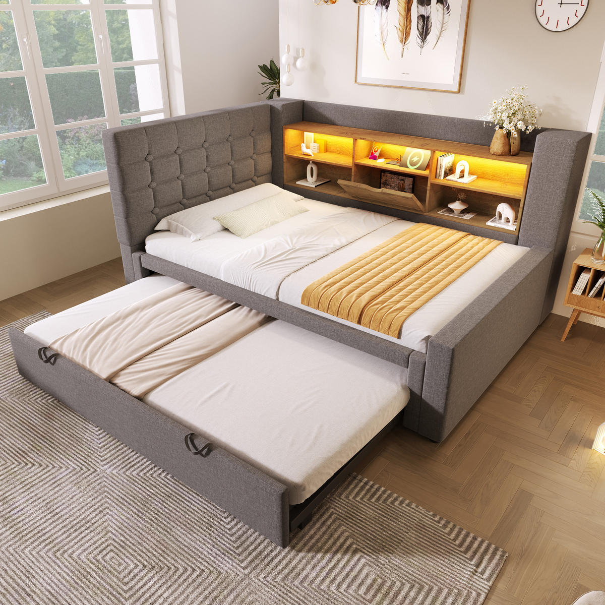 POLSTERBETT 90/200 cm & 90/190 cm in Grau mit Ausziehbett, Stauraum, LED und USB Stoff - Grau, Holzwerkstoff/Textil (90/200cm) - STILVORA
