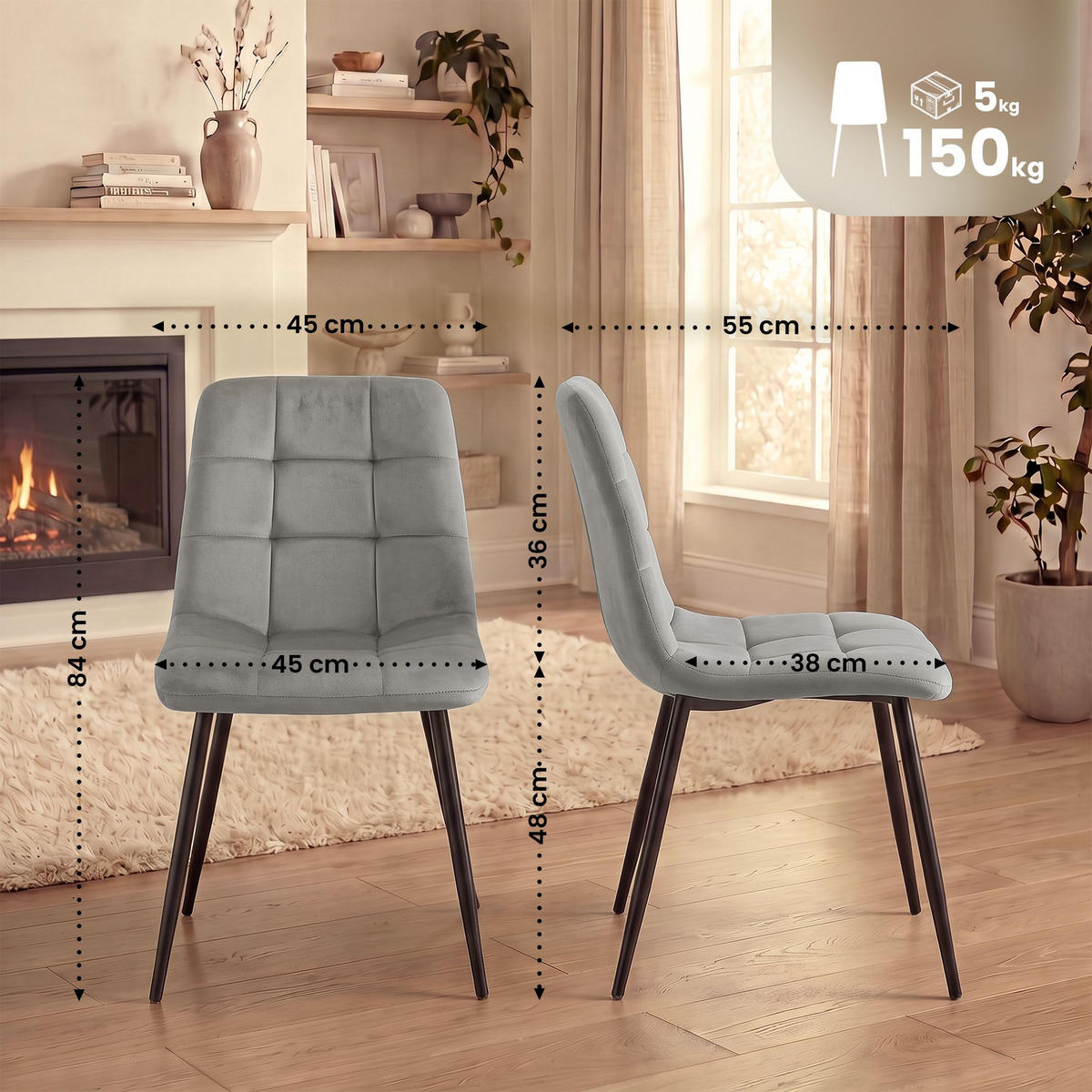 STUHL 4 Samt Grau - Schwarz/Grau, Textil/Metall (45/84/55cm) - CLP