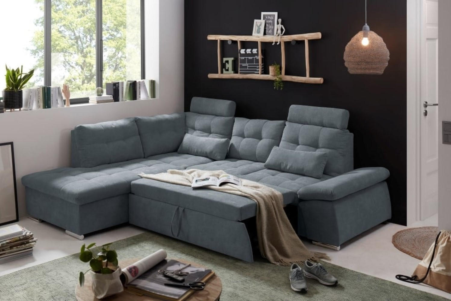 ECKSOFA mit Schlaffunktion, Bettkasten und verstellbarer Armlehne - Chromfarben/Anthrazit, Textil (260/219cm) - ed exciting design