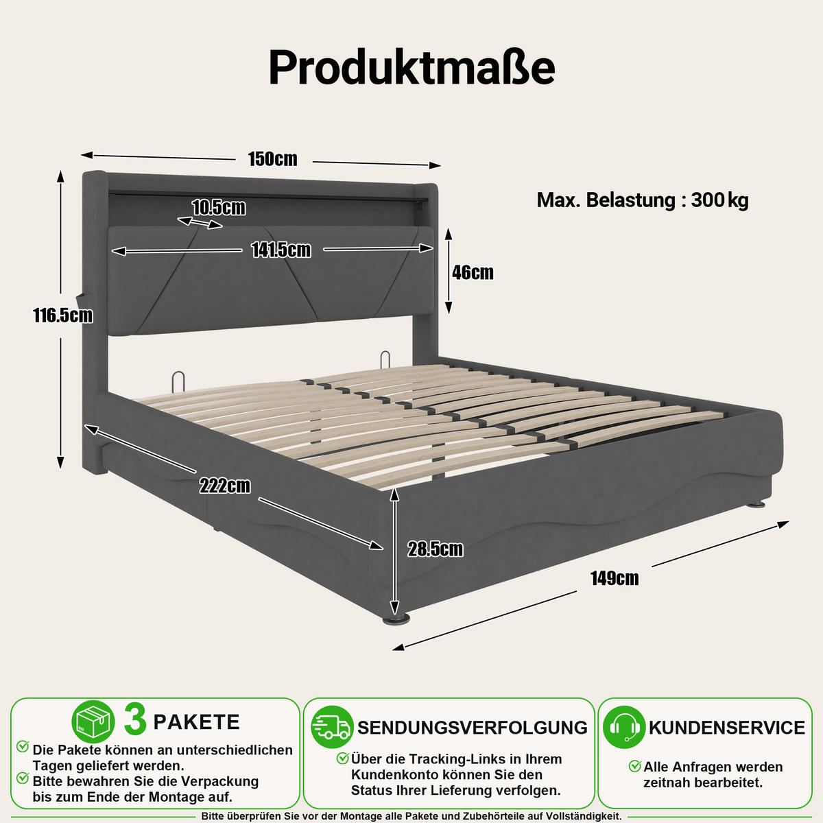 POLSTERBETT 140/200 cm in Dunkelgrau Samt mit Bettkasten, LED, USB, Type-C und Regal - Grau, Holzwerkstoff/Textil (140/200cm) - CHICFURN