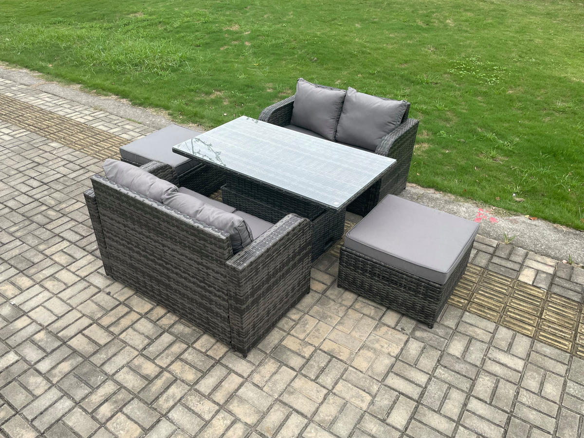 GARTENMÖBELSET Polyrattan 6-Sitzer - Dunkelgrau, Metall - Fimous