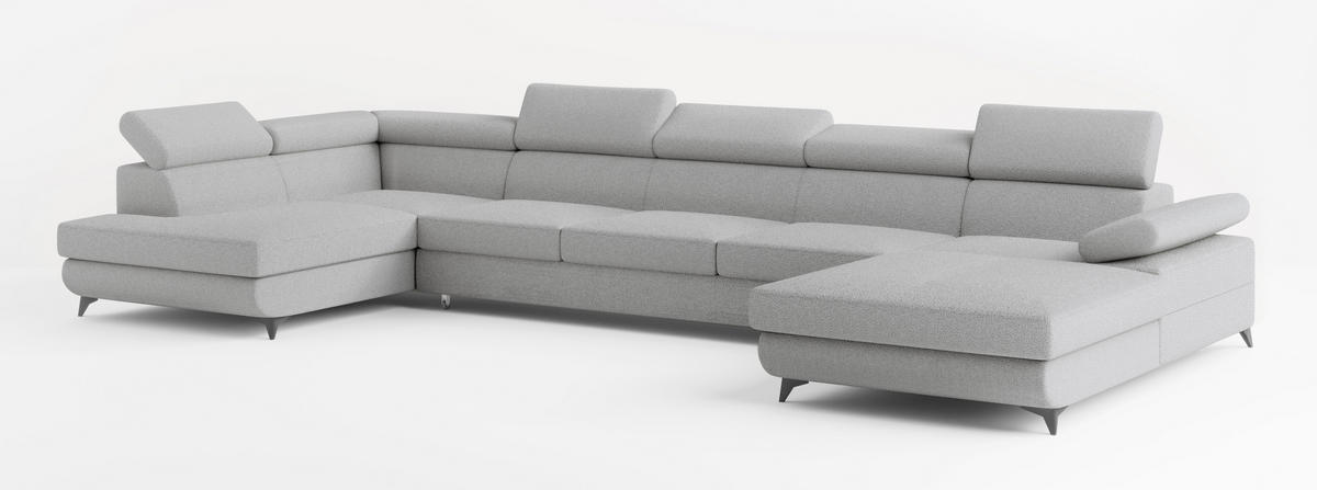 WOHNLANDSCHAFT MONTIVA Hellgrau Boucle-Stoff mit Schlaffunktion - Hellgrau, Holz (410/89/190cm) - MASSENO