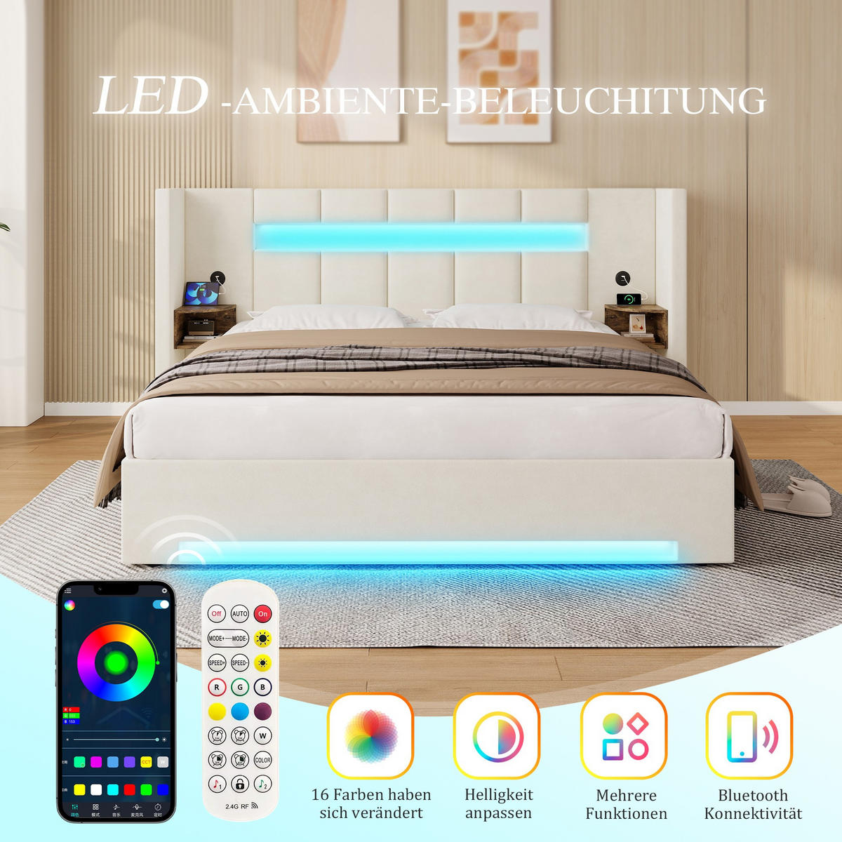 BOXBETT 160/200 mit Bettkasten, LED, USB/Typ C-Ladeanschluss,Samt,Beige - Beige, Metall (160/200cm) - LVHOM