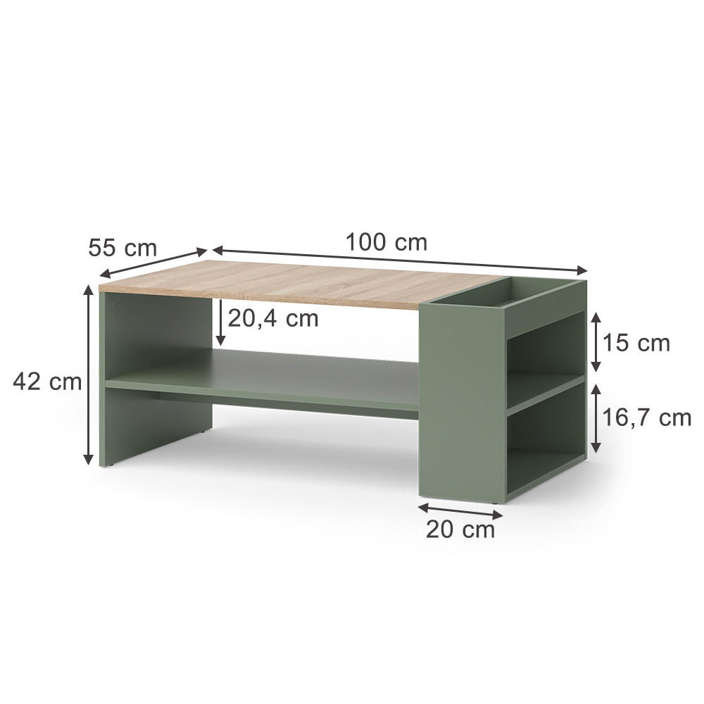 COUCHTISCH Wido Grün 100 x 55 cm mit Regalen - Grün/Sonoma Eiche, Holzwerkstoff (55/100/42cm) - Vicco