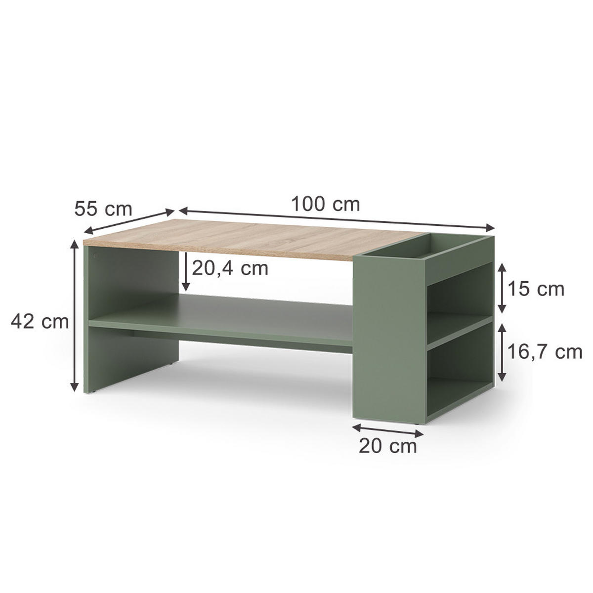 COUCHTISCH Wido Grün 100 x 55 cm mit Regalen - Grün/Sonoma Eiche, Holzwerkstoff (55/100/42cm) - Vicco
