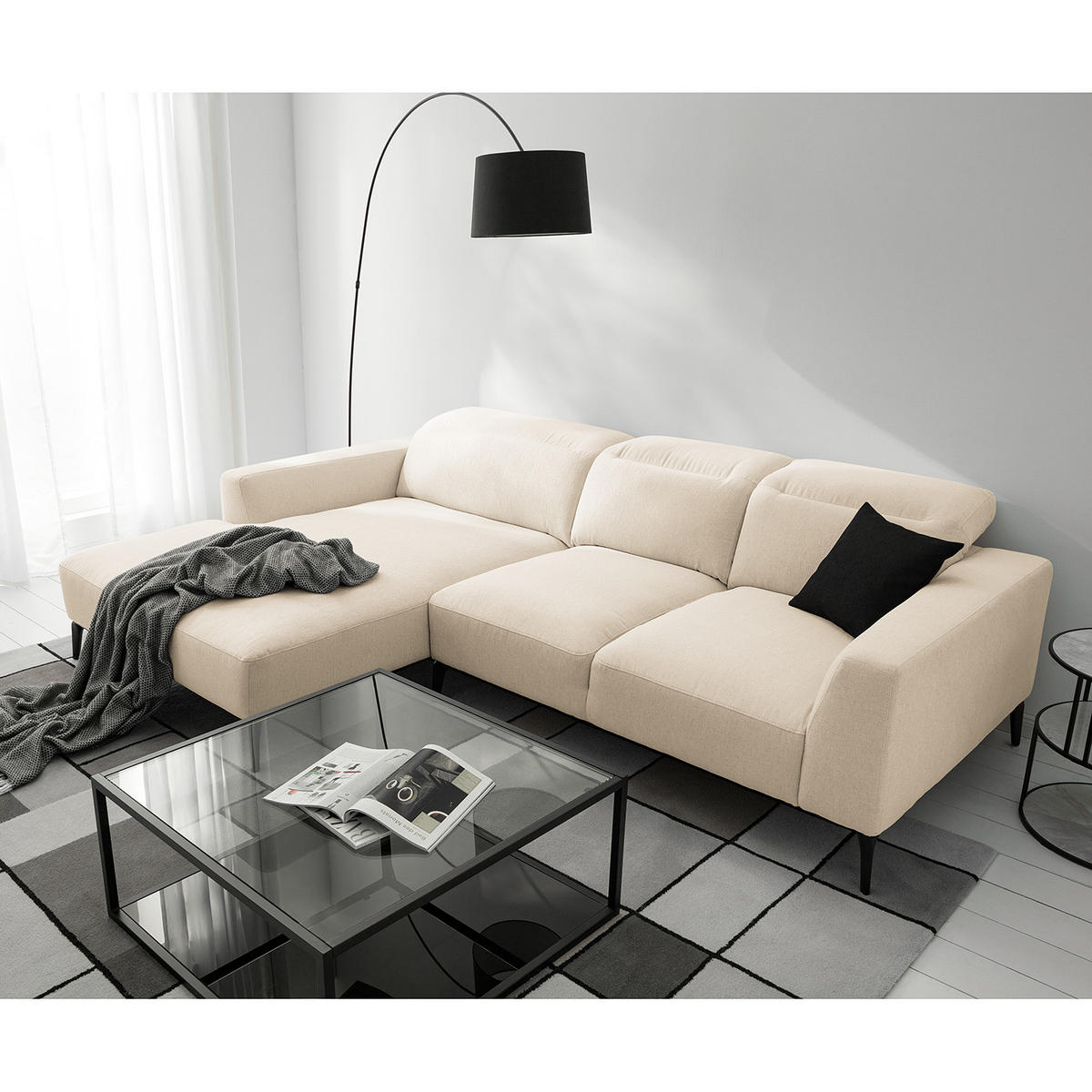 ECKSOFA mit Longchair - Beige/Schwarz, Textil/Metall (265/180cm) - home24