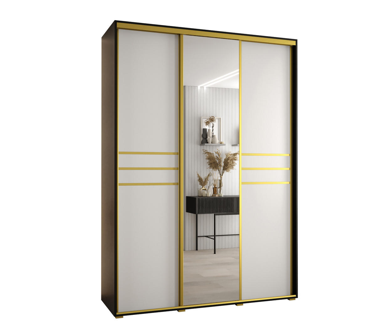 SCHWEBETÜRENSCHRANK 235,2/180/45 3-türig - Goldfarben/Schwarz, Holz/Metall (180/235/45cm) - Abiks Möbel