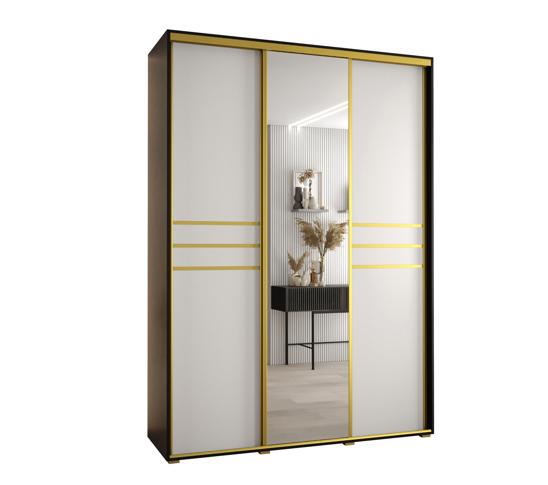 Abiks Möbel SCHWEBETÜRENSCHRANK Schwarz, Weiß, Gold 180cm × 45cm × 235cm
