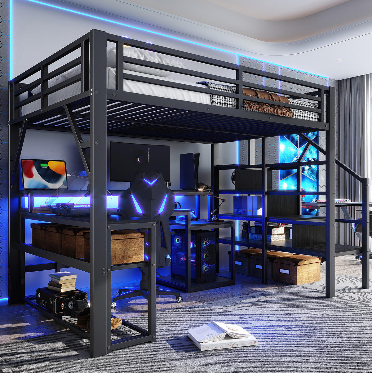 HOCHBETT 140/200 cm aus Metall und MDF mit Schreibtisch, LED-Beleuchtung und Stauraumtreppe Schwarz - Schwarz, Metall (140/200cm) - Modenvie