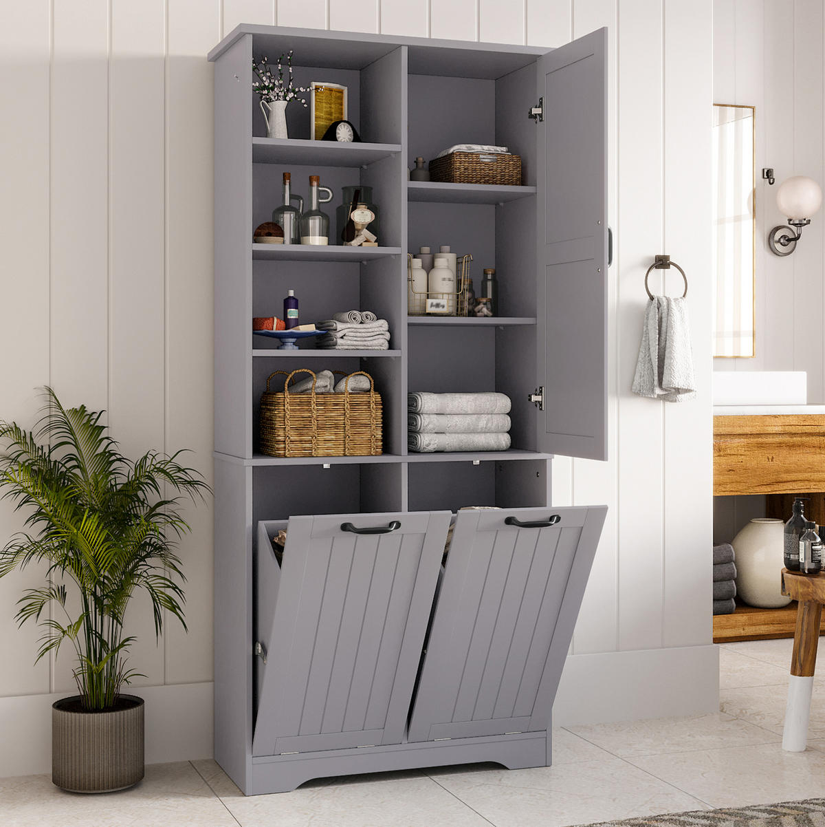 HOCHSCHRANK 78/35/172,7 cm aus MDF mit feuchtigkeitsbeständiger Lackierung und 2 Wäschekörben Grau - Grau, Holzwerkstoff (78/172.7/35cm) - Modenvie