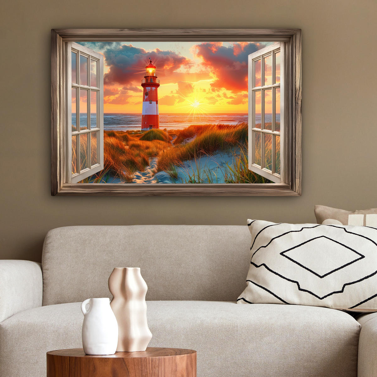 LEINWANDBILD Aussicht - Fenster - Leuchtturm - Sonnenuntergang - Strand Wanddeko 90x60 cm - Dunkelorange, Textil (90/60cm) - MuchoWow