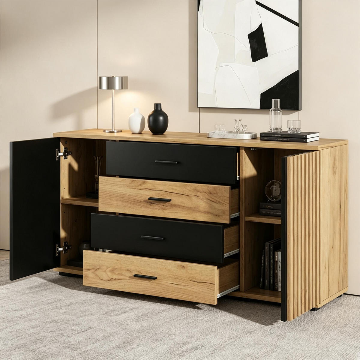 SIDEBOARD 140x35x70cm Eiche Schwarz mit 4 Schubladen - Schwarz, Holzwerkstoff (140/70/35cm) - FLIEKS