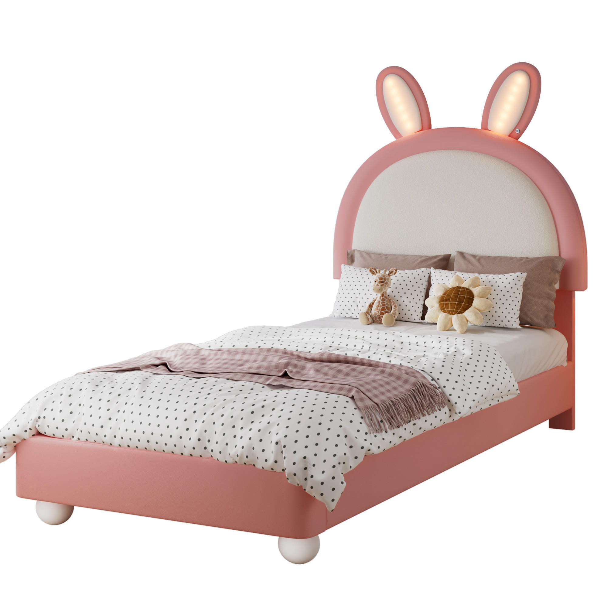 KINDERBETT 90/200 cm in Rosa/Weiß mit LED-Beleuchtung und Hasen-Kopfteil - Weiß, Kunststoff (90/200cm) - Flora Grace