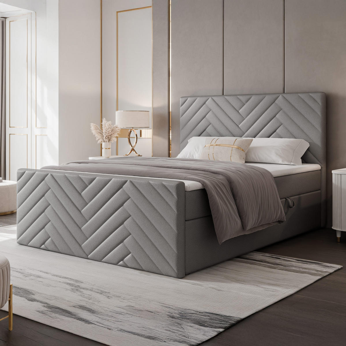 BOXBETT NEREA PLUS 200/200 cm mit Matratze und Topper, Grau - Grau, Holzwerkstoff/Textil (200/200cm) - Idohome