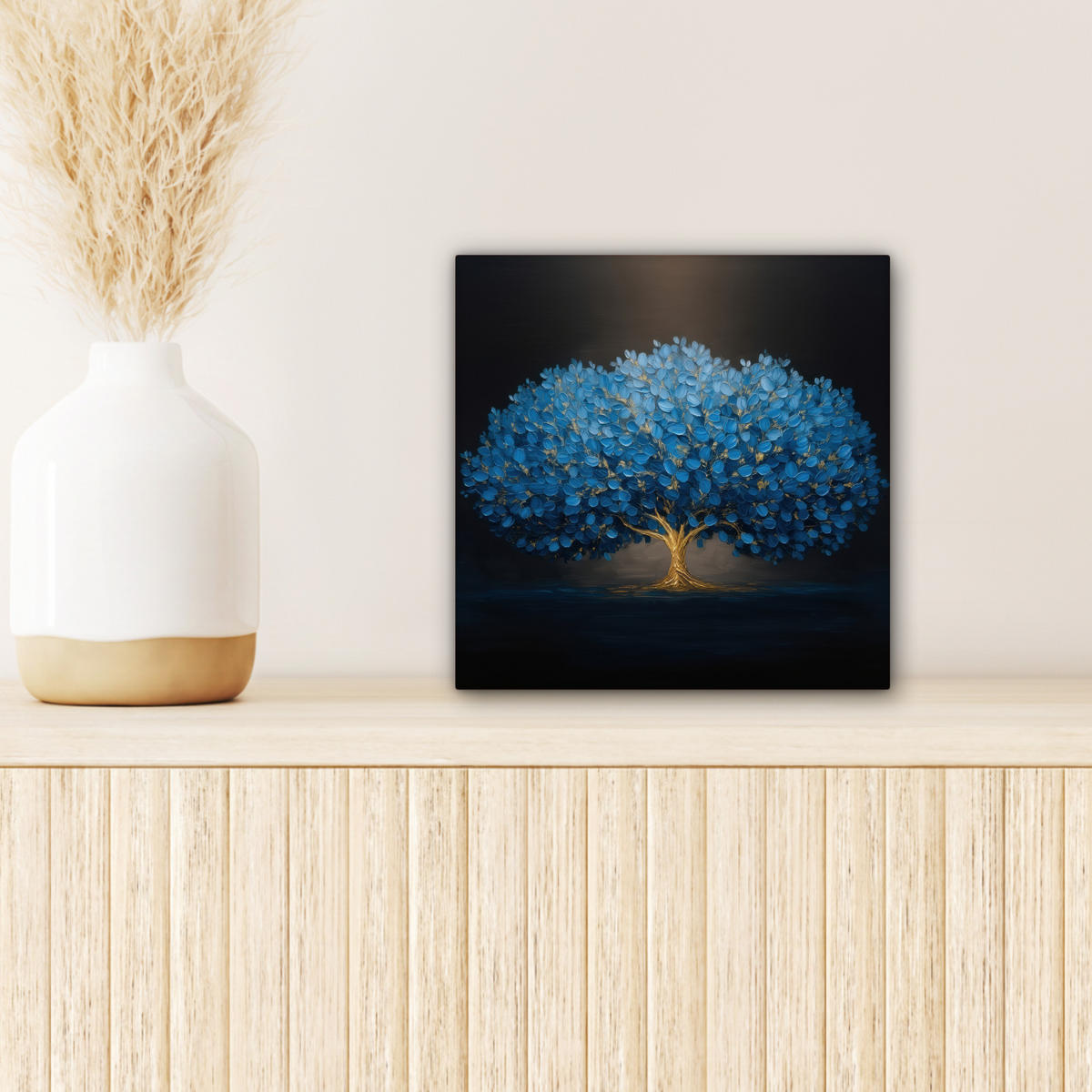 LEINWANDBILD Baum - Blau - Blätter - Pinselstriche Deko Wohnzimmer 20x20 cm - Blau, Textil (20/20cm) - MuchoWow