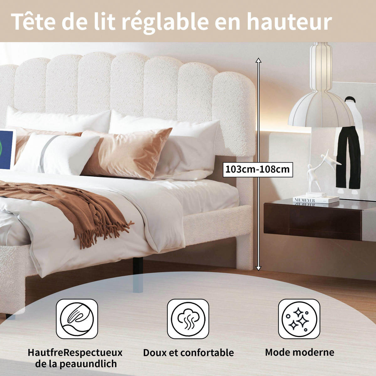 POLSTERBETT 160x200cm beigefarbenes Teddybär-Plüsch-Doppelbett mit USB-Anschluss und Schubladen. - Beige, Textil (160/200cm) - CASIVA