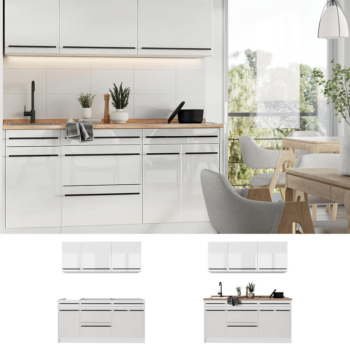 SINGLEKÜCHE R-Line, Weiß Hochglanz/Weiß, 160 cm Arbeitsplatte Marmor - Weiß Hochglanz/Weiß, Holzwerkstoff (160/81.6/60cm) - Vicco