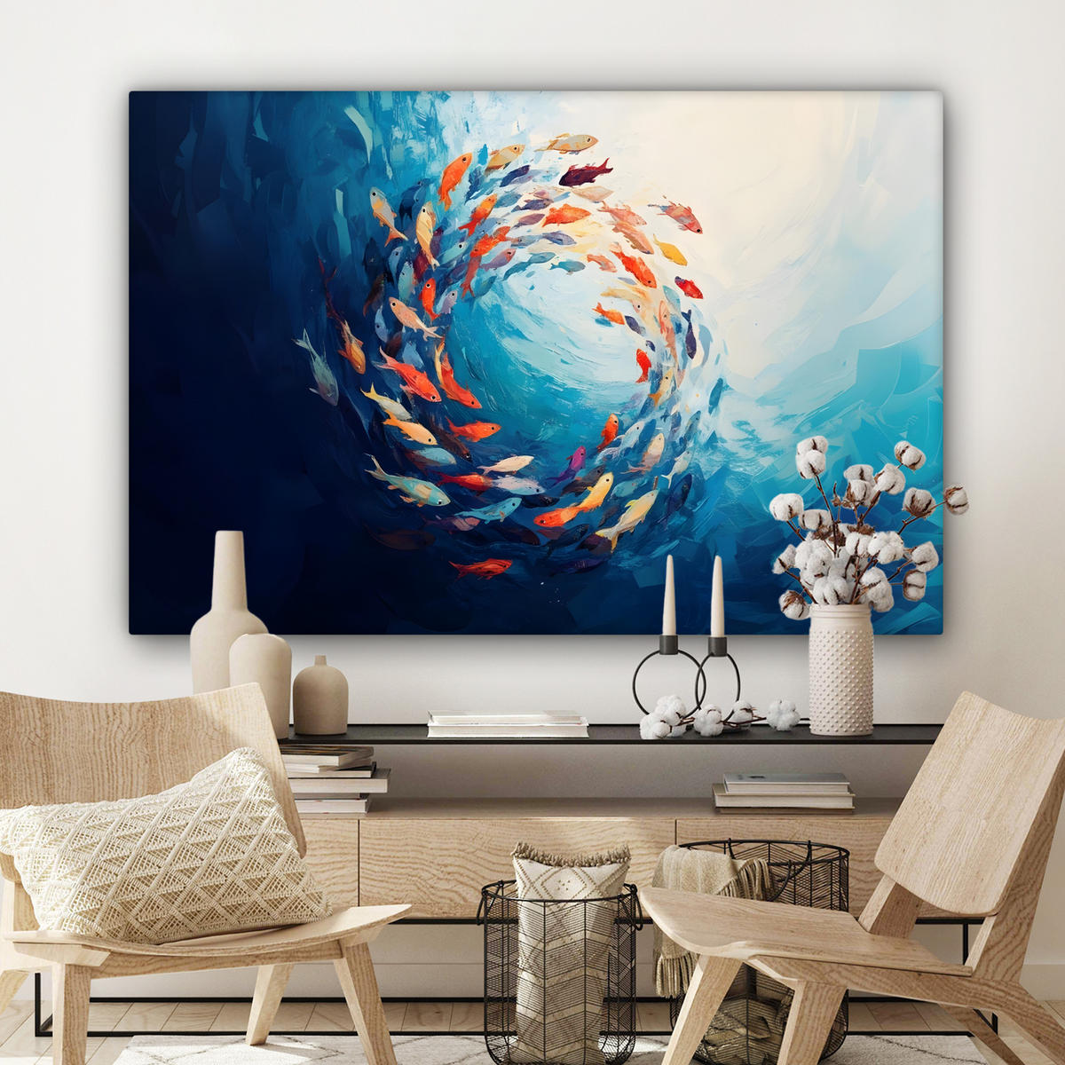 LEINWANDBILD Meer - Fische - Bunt - Dynamisch XXL 150x100 cm - Hellblau, Textil (150/100cm) - MuchoWow