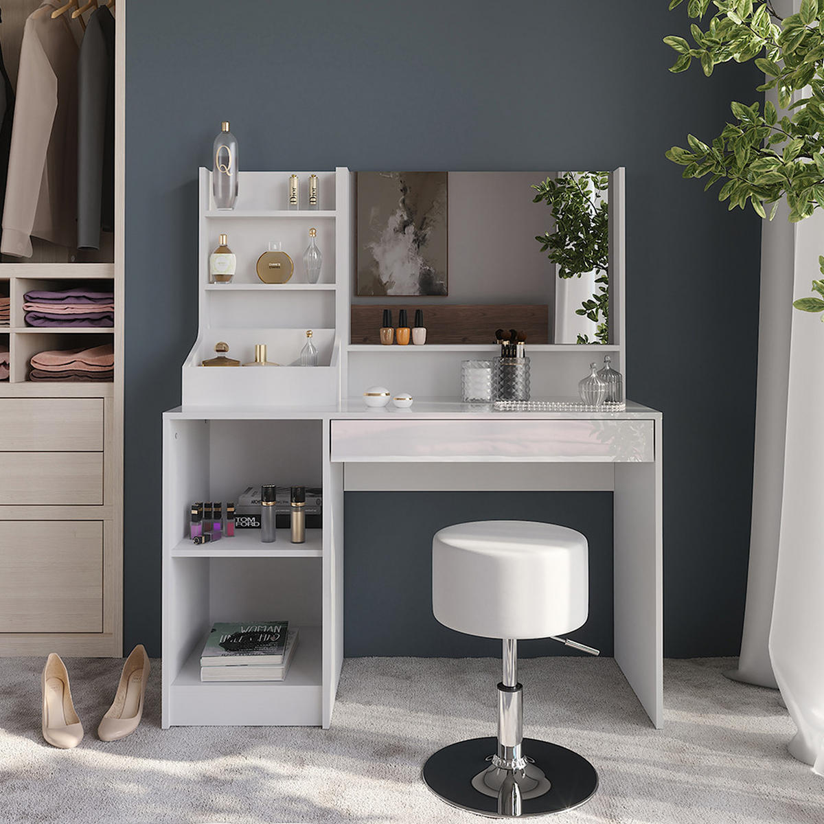 SCHMINKTISCH Sherry Weiß/Weiß Hochglanz 119.8 cm 4 Teile - Weiß Hochglanz, Holzwerkstoff (119.8/76/50.1cm) - Vicco