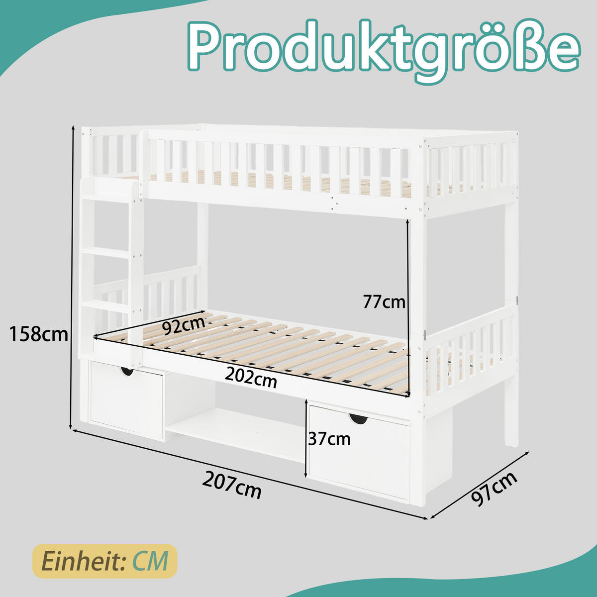 ETAGENBETT 90/200 cm in Weiß aus Massivkiefernholz mit Schubladen und Leiter - Weiß, Holz/Holzwerkstoff (90/200cm) - WISHDOR
