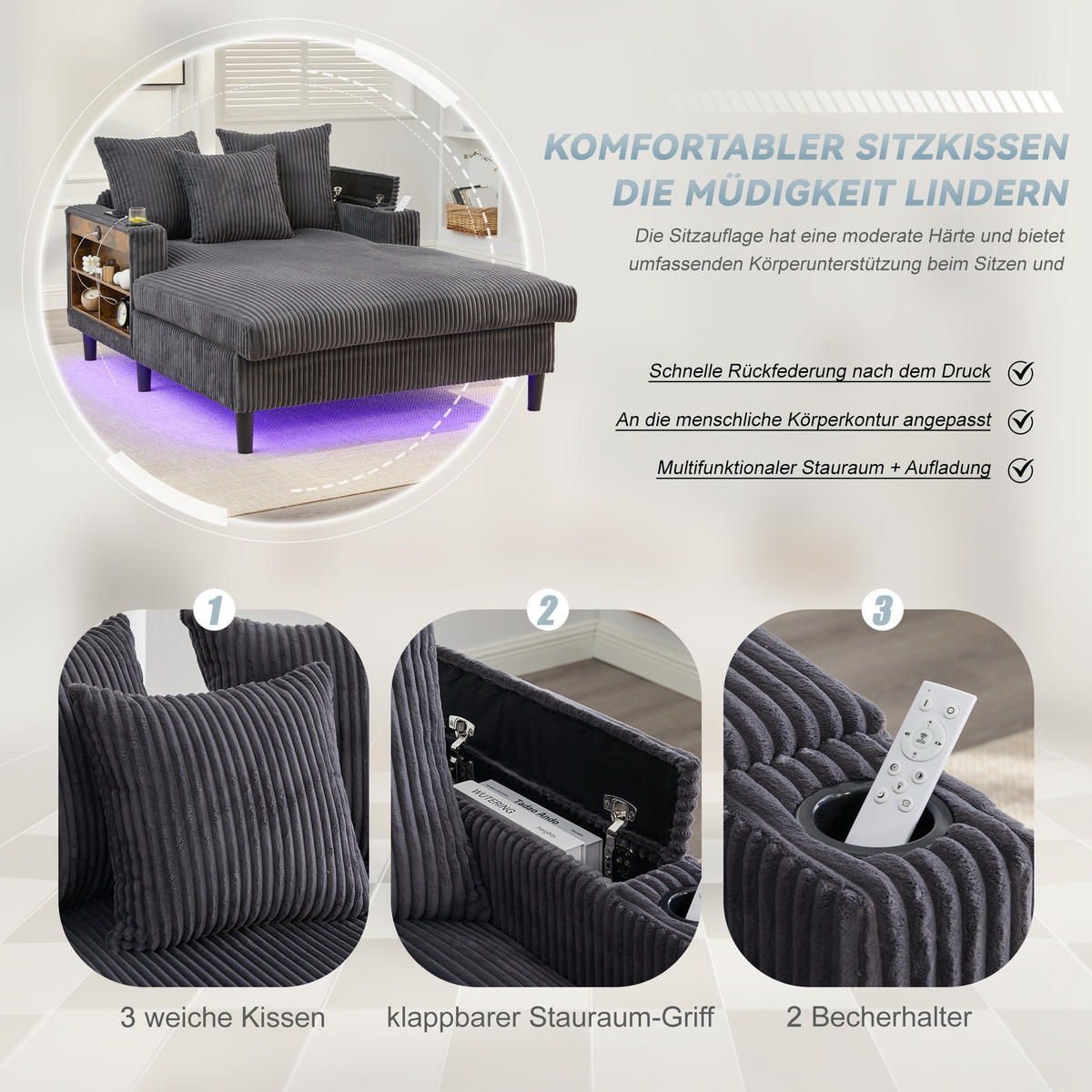 RELAXLIEGE XXL Polsterliege,Relaxsessel,Cord,Dunkelgrau - Grau, Textil (129/70/170cm) - LVHOM
