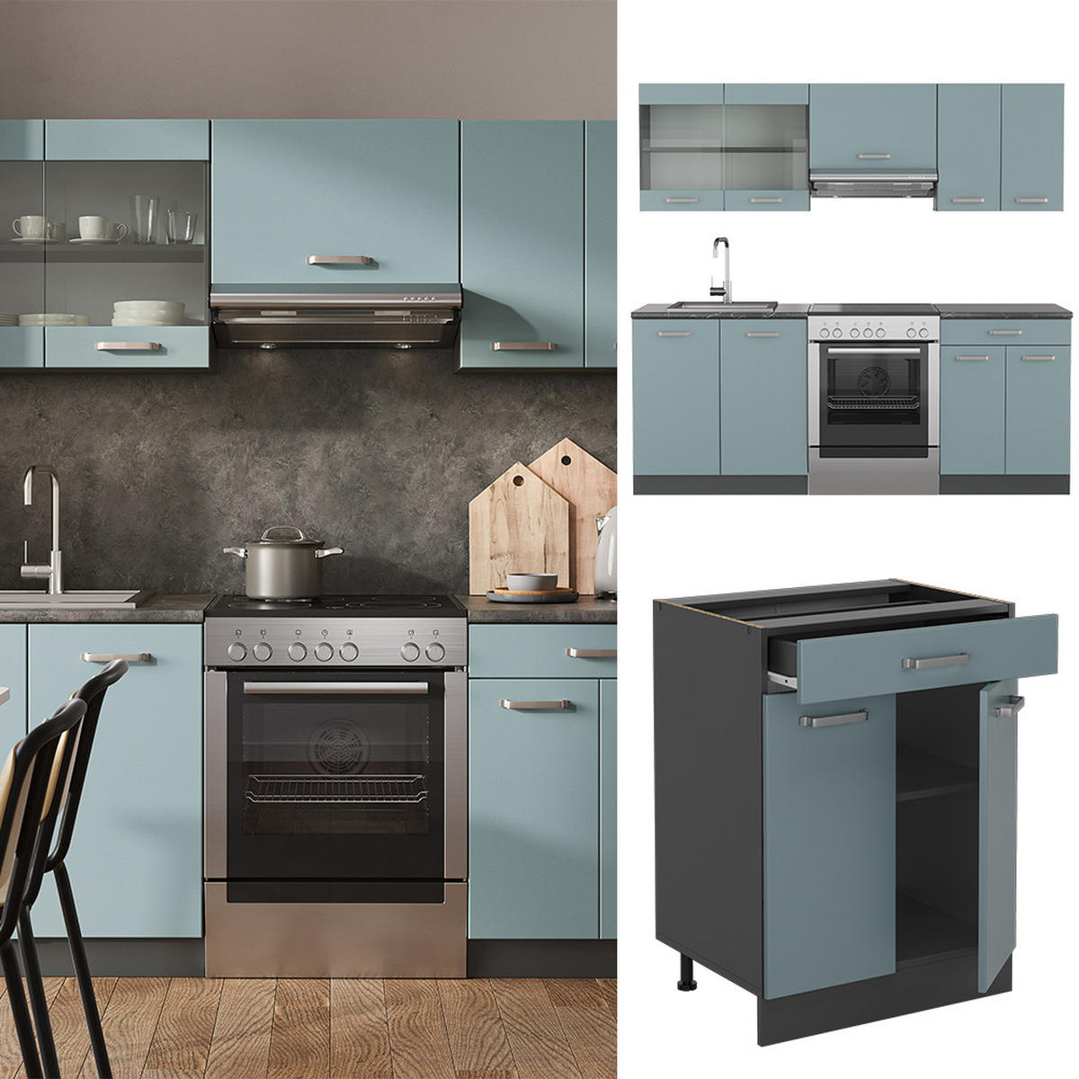 KÜCHENZEILE R-Line Blau-Grau/Anthrazit 200 cm, AP Anthrazit - Anthrazit/Blaugrau, Holzwerkstoff (200/81.6/60cm) - Vicco