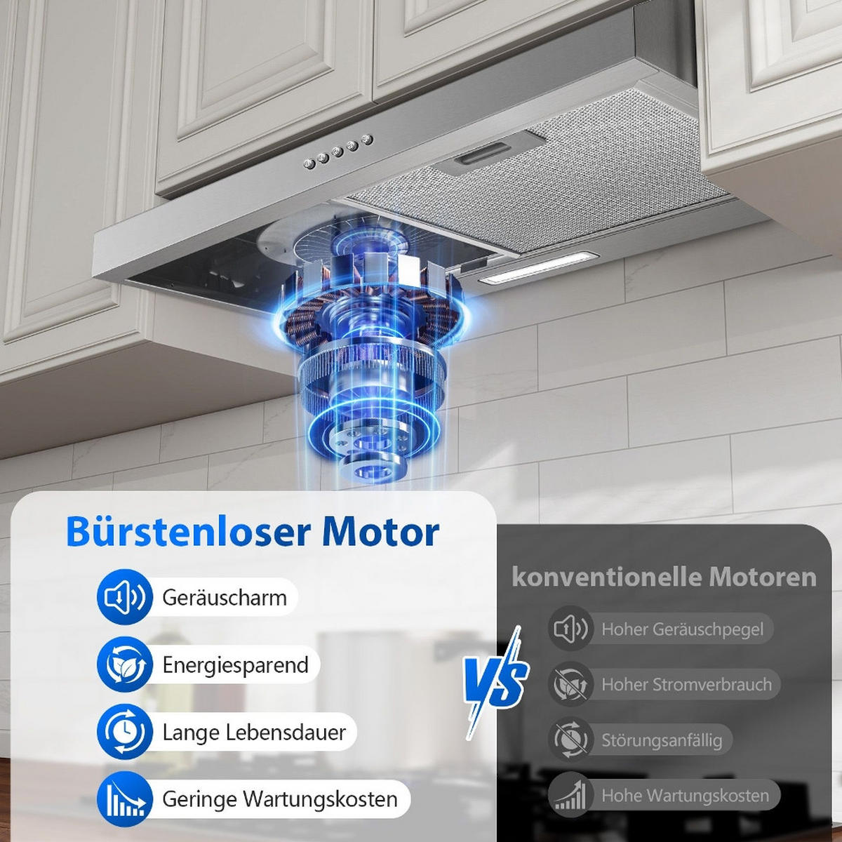 DUNSTABZUGSHAUBE -UNTERBAU-ENERGIEEFFIZIENZKLASSE A+, Edelstahl, 3 Stufen, LED-BELEUCHTUNG, für Küchen, 60/15/50 cm - Silberfarben, Metall (14.02/49/64cm) - Rolipo