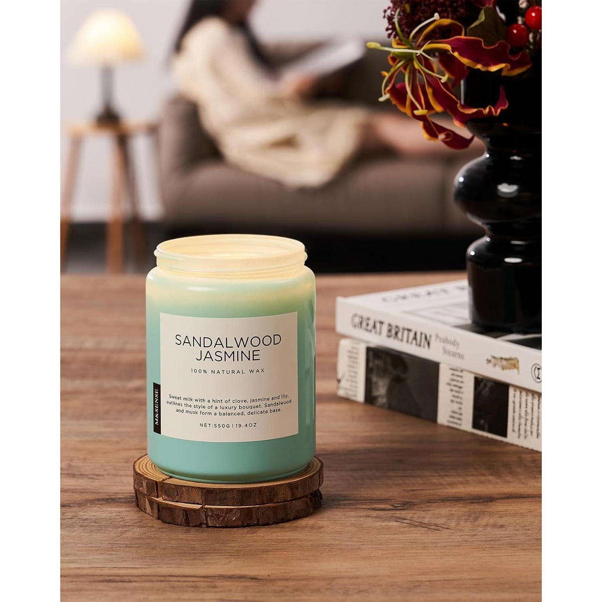 DUFTKERZE Sandelholz Jasmin 550g 2 Baumwolldochte 110 Stunden Brenndauer - Türkis, Paraffin (13cm)