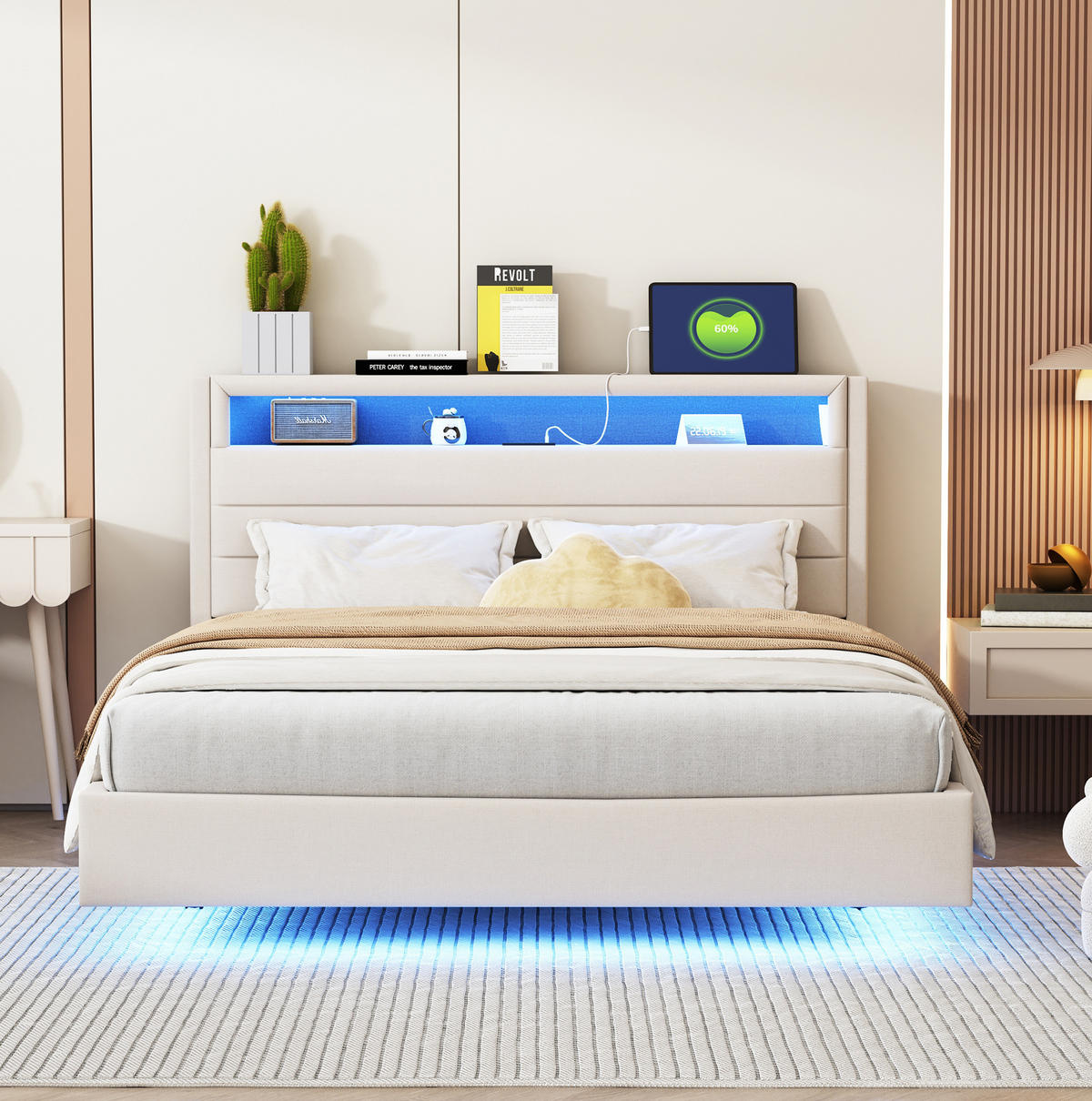 POLSTERBETT mit USB, LED und Stauraum 140x200 cm Beige - Beige, Metall (140/200cm) - Meubliv