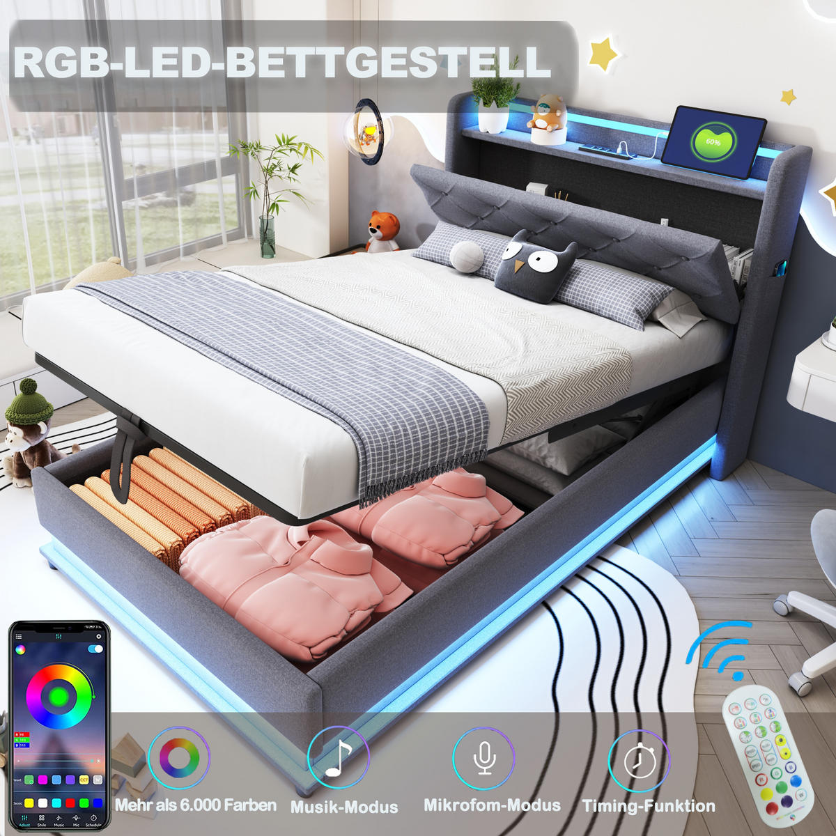 KINDERBETT 90x200 cm LED USB Stauraum grau - Grau, Textil (90/200cm) - LEBENLANG