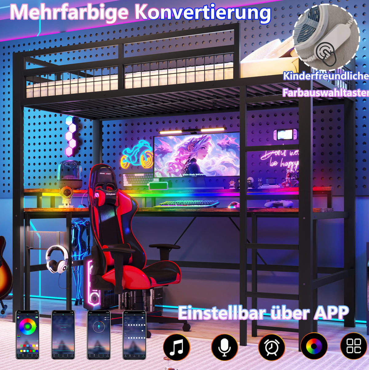 HOCHBETT 90/200 cm aus Metall und MDF mit Schreibtisch und LED-Lichtleiste Schwarz - Schwarz, Metall (90/200cm) - Modenvie