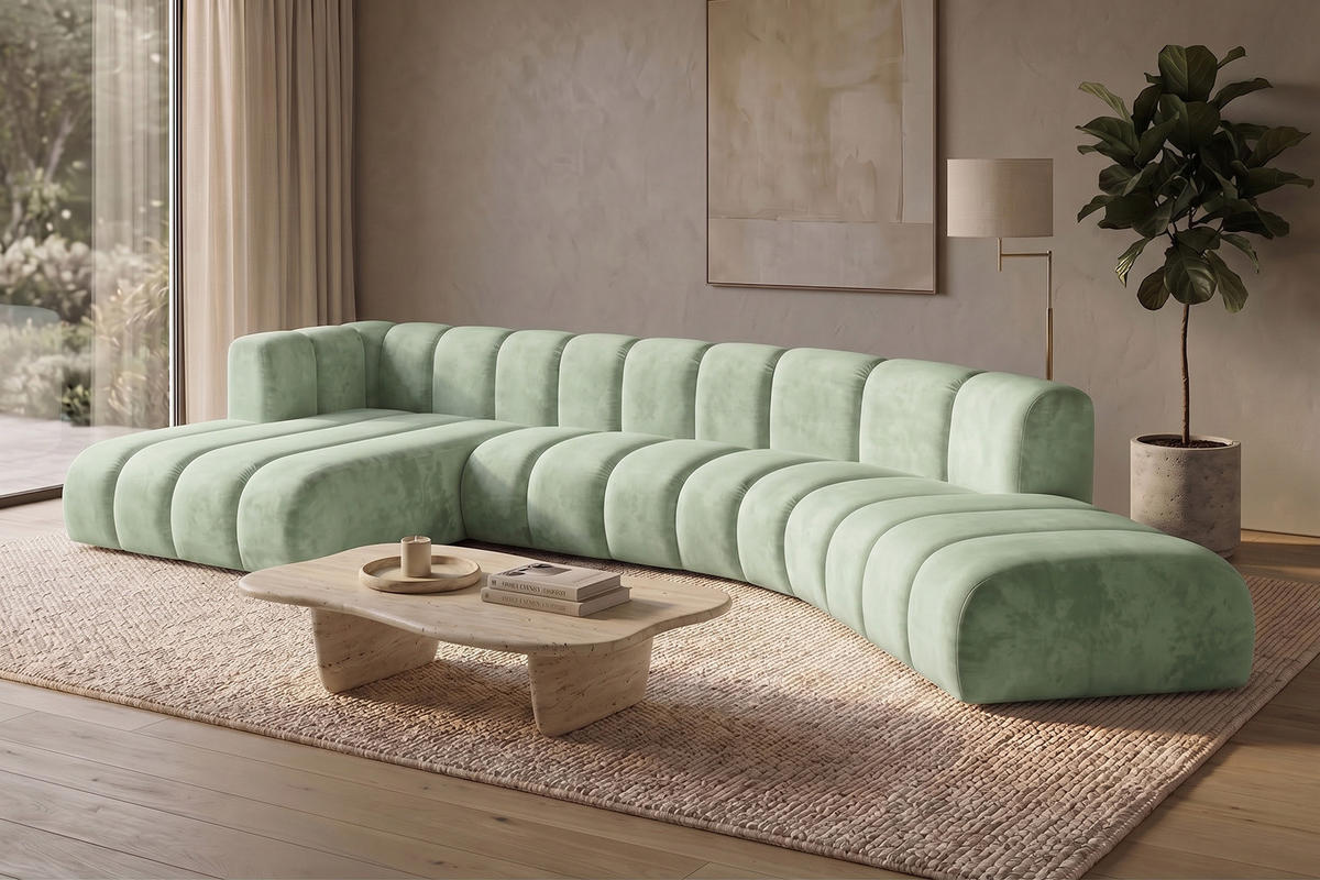 ECKSOFA Modulares In L-Form, Velvet-Stoff Riviera, Mintz, Links, GRAND Round - Mintgrün, Holz (445/179cm) - Kaiser Möbel