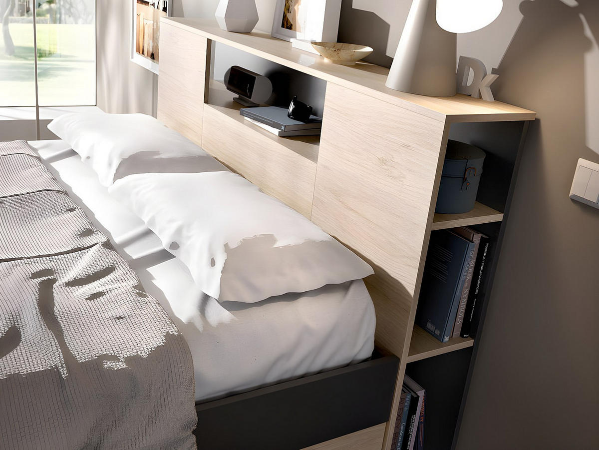 BETT mit Kopfteil, Stauraum & Schubladen + Lattenrost - 140 x 190 cm - Naturfarben & Anthrazit - LEANDRE - Anthrazit, Holz (140/190cm) - Vente-Unique