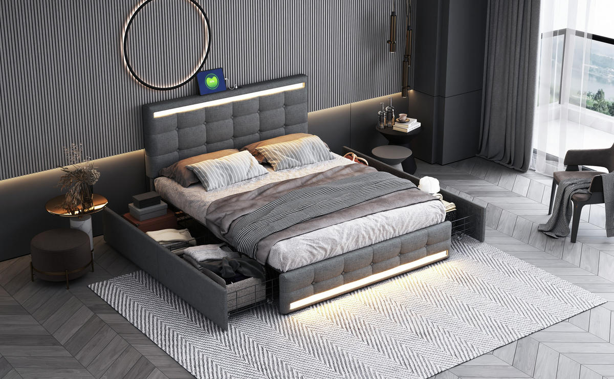 POLSTERBETT 140x200 cm LED USB Schubladen grau - Grau, Textil (140/200cm) - LEBENLANG