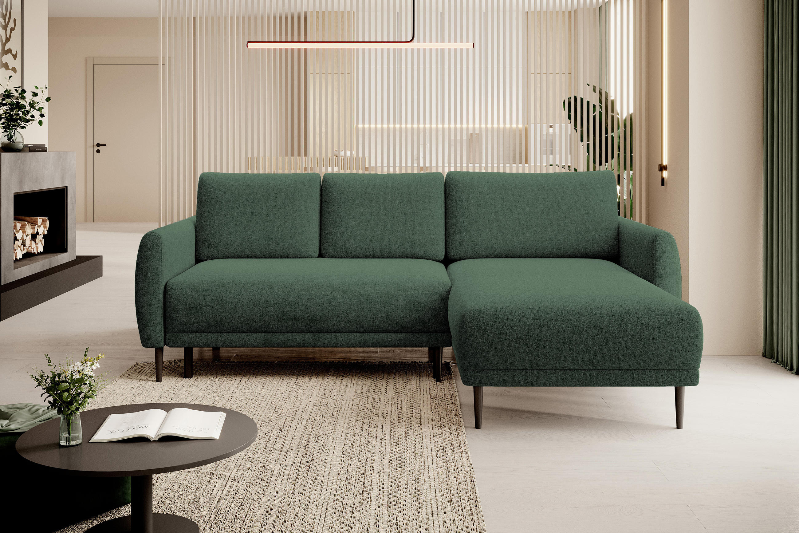 ECKSOFA Bono – Stilvolles Sofa mit Schlaffunktion, Robuste Holzfüße, Elegante Armlehnen, Tiefe Sitzfläche 226x164x88 cm – Rechte, Waldgrün - Waldgrün, Holz/Textil (226/164cm) - DomoHome