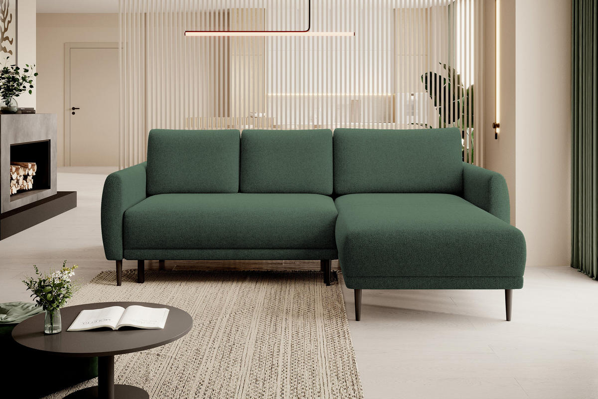 ECKSOFA Bono – Stilvolles Sofa mit Schlaffunktion, Robuste Holzfüße, Elegante Armlehnen, Tiefe Sitzfläche 226x164x88 cm – Rechte, Waldgrün - Waldgrün, Holz/Textil (226/164cm) - DomoHome