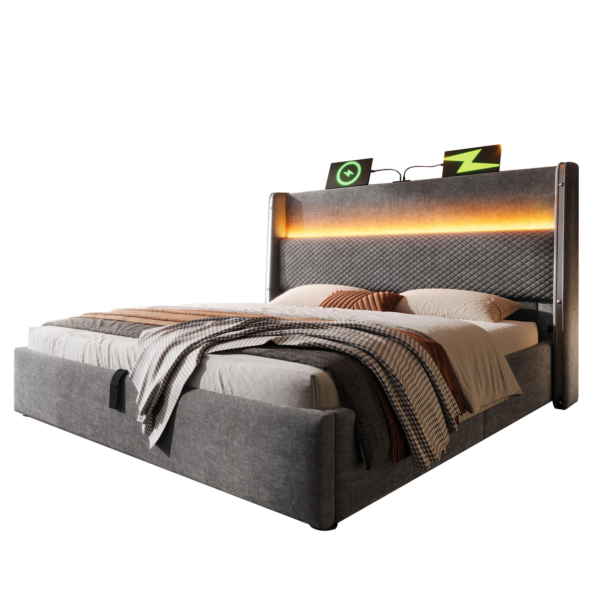WISHDOR ČALOUNĚNÁ POSTEL 160/200 cm v šedé lněné látce s úložným prostorem, LED osvětlením a USB/Type-C