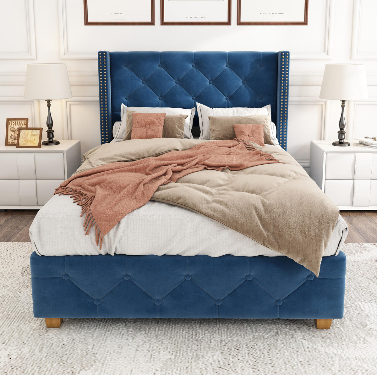 SAMT-POLSTERBETT 90/200 cm in Blau mit Lattenrost und gepolstertem Kopfteil - Blau, Textil (90/200cm) - BEAOK