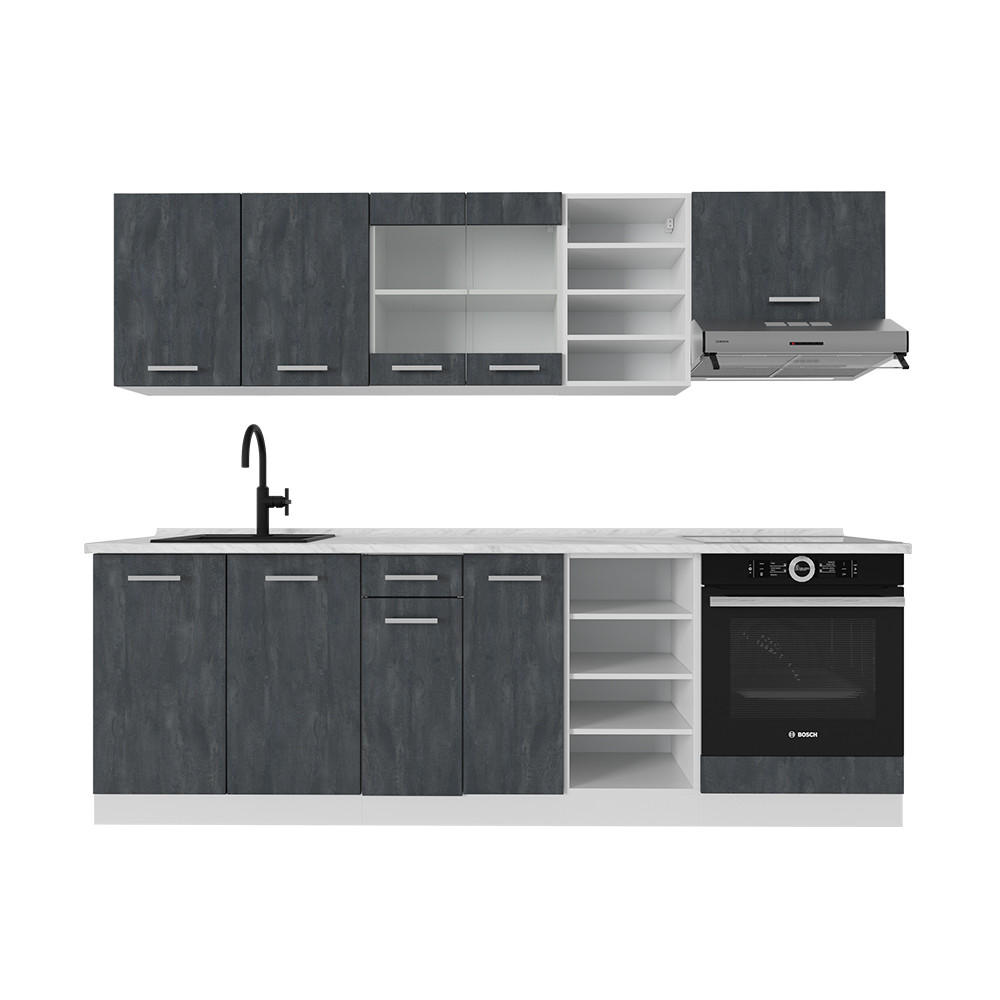KÜCHENZEILE R-Line Schwarz Beton/Weiß 240 cm ohne AP - Schwarz/Weiß, Holzwerkstoff (240/81.6/46cm) - Vicco