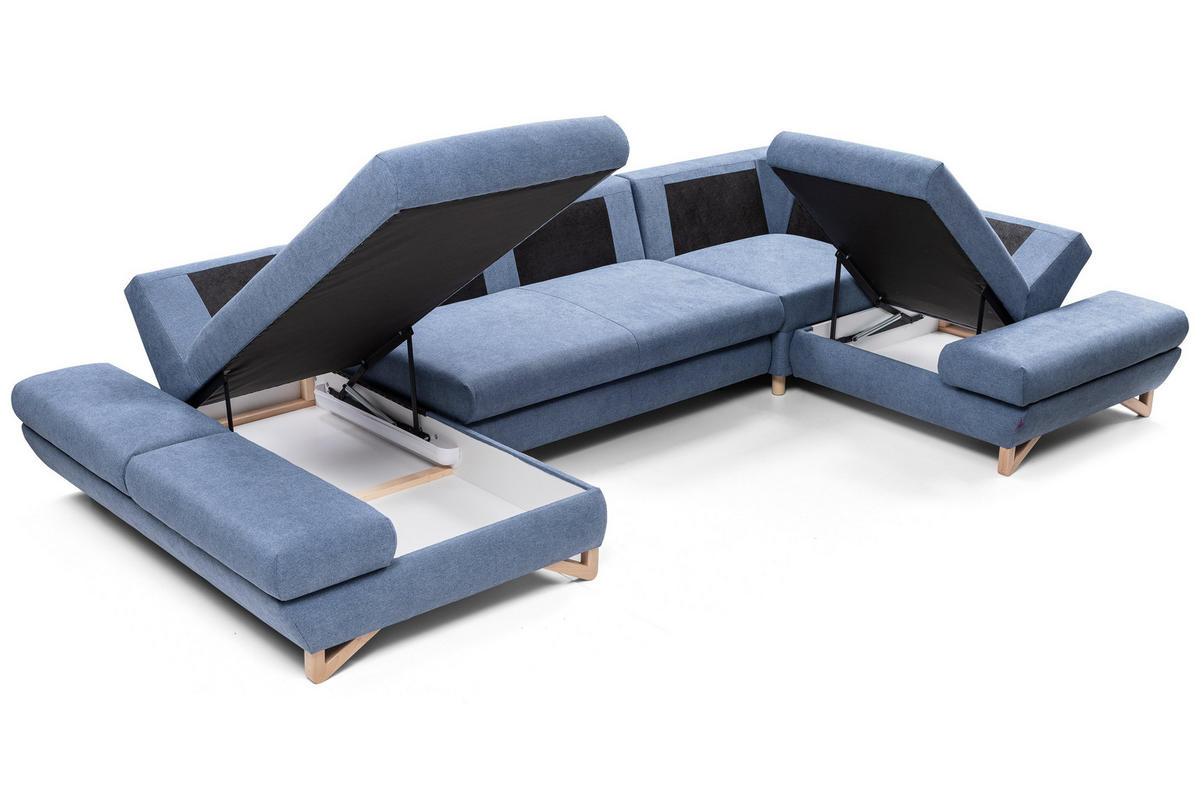 WOHNLANDSCHAFT CASA IV R-S Blau Plüsch-Stoff mit Schlaffunktion - Blau, Holz (344/100/199cm) - MASSENO