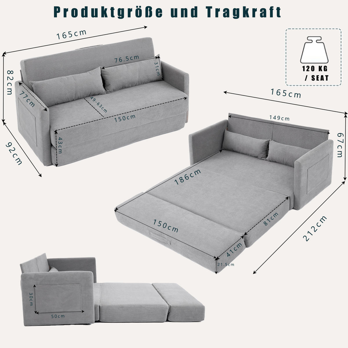 2-SITZER SOFABETT Cord Grau mit Kissen und Magazintaschen - Grau, Holzwerkstoff/Textil (165/67/212cm) - WISHDOR