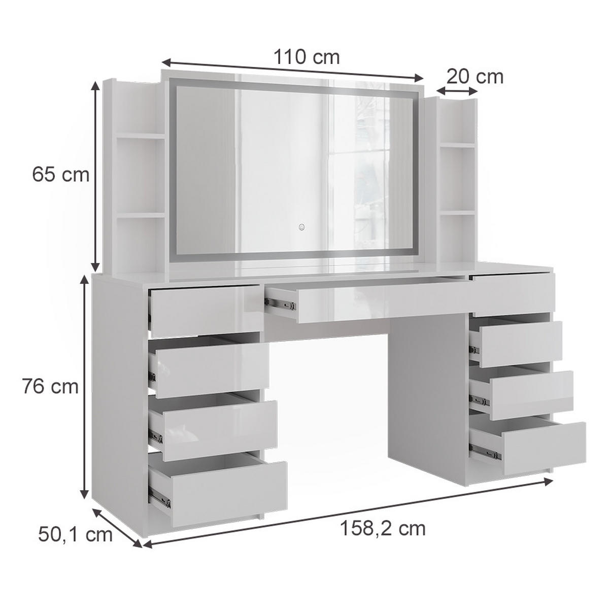 SCHMINKTISCH Sherry Weiß/Weiß Hochglanz 158.2 cm 4 Teile - Weiß Hochglanz, Holzwerkstoff (158.2/76/50.1cm) - Vicco