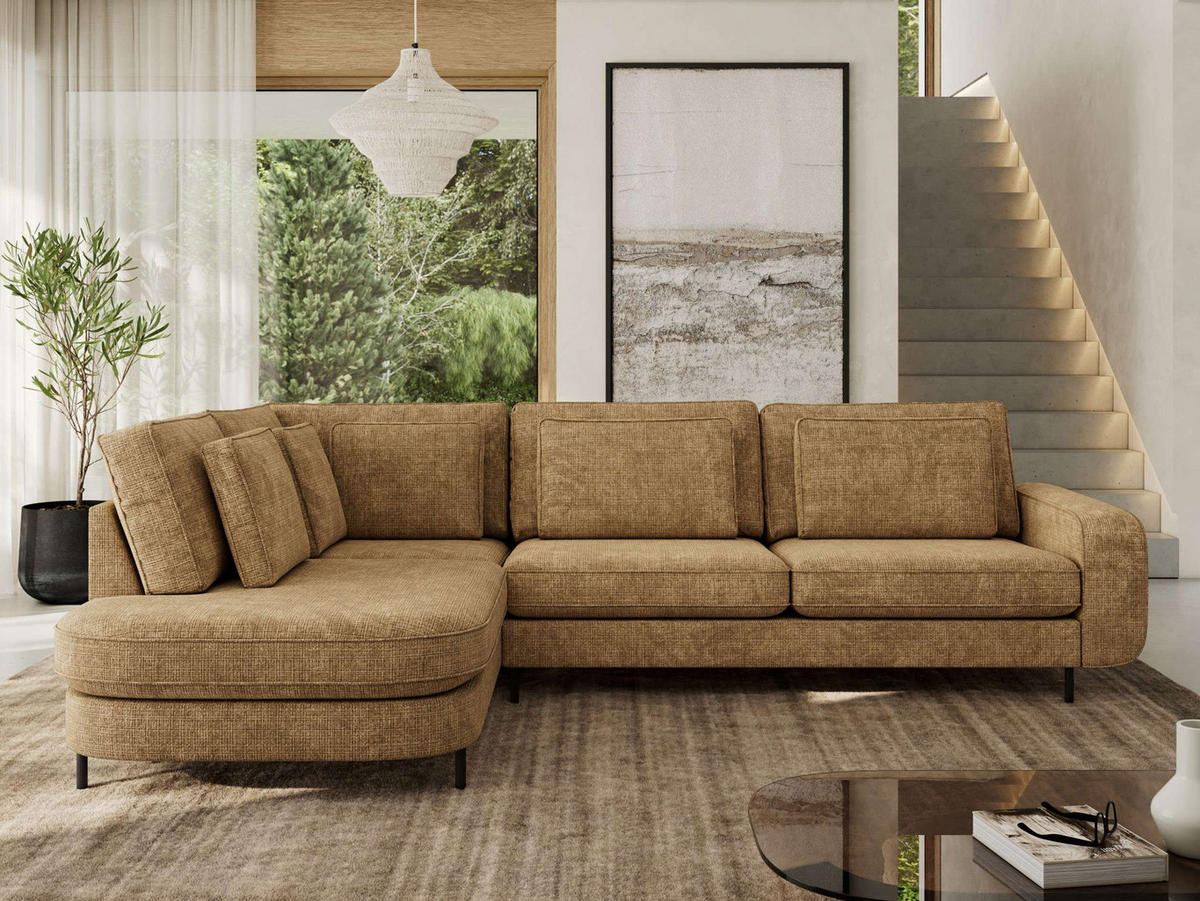 ROHOVÁ SEDAČKA CALENO L - Světle hnědá hladký senil - Pravá Strana - černá/světle hnědá, kov/textil (317/225cm) - MKS