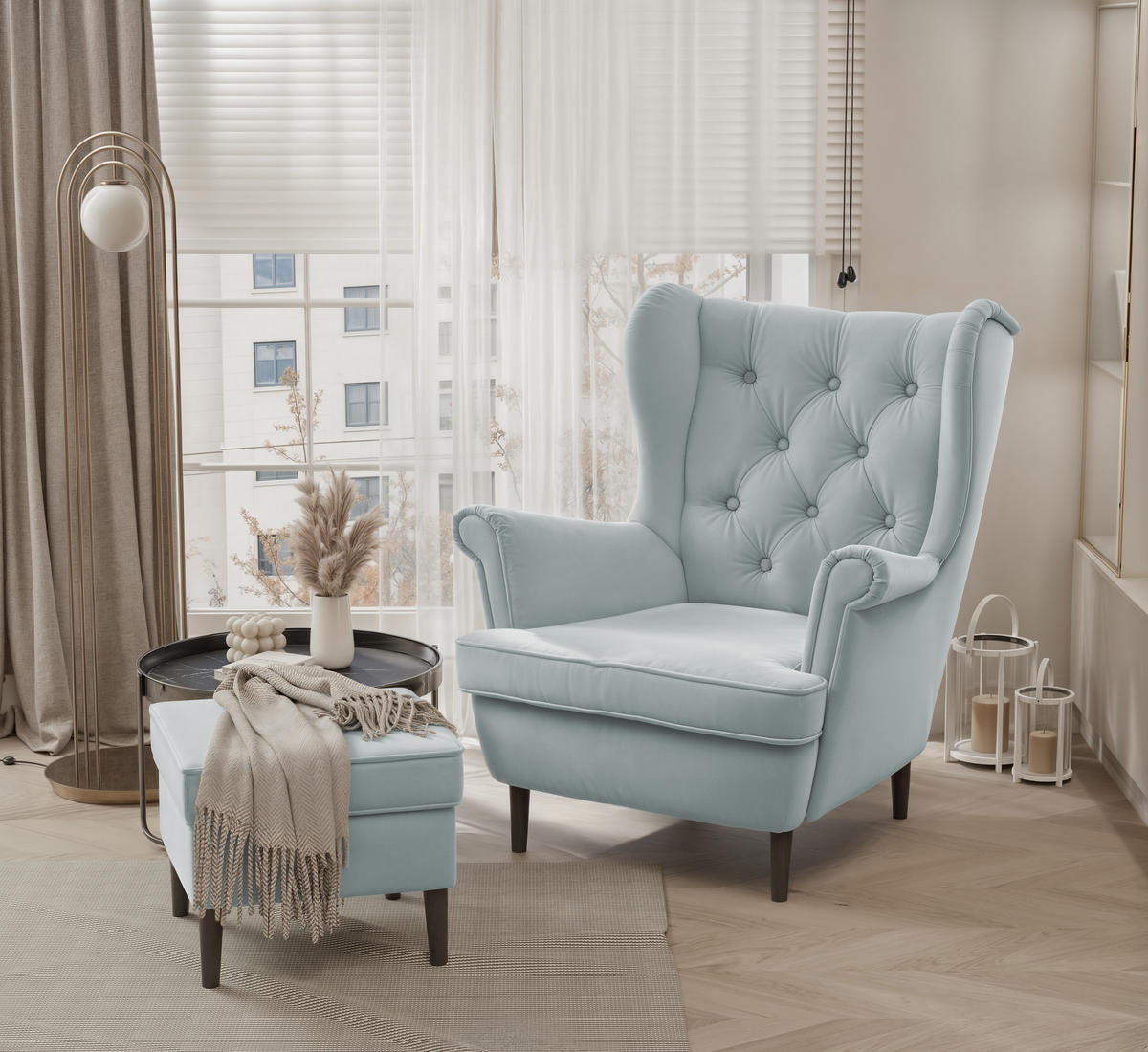 OHRENSESSEL SCANDI mit hocker, 75/60/103 cm, Marineblau - Dunkelblau, Holz/Textil (75/103/60cm) - Idohome