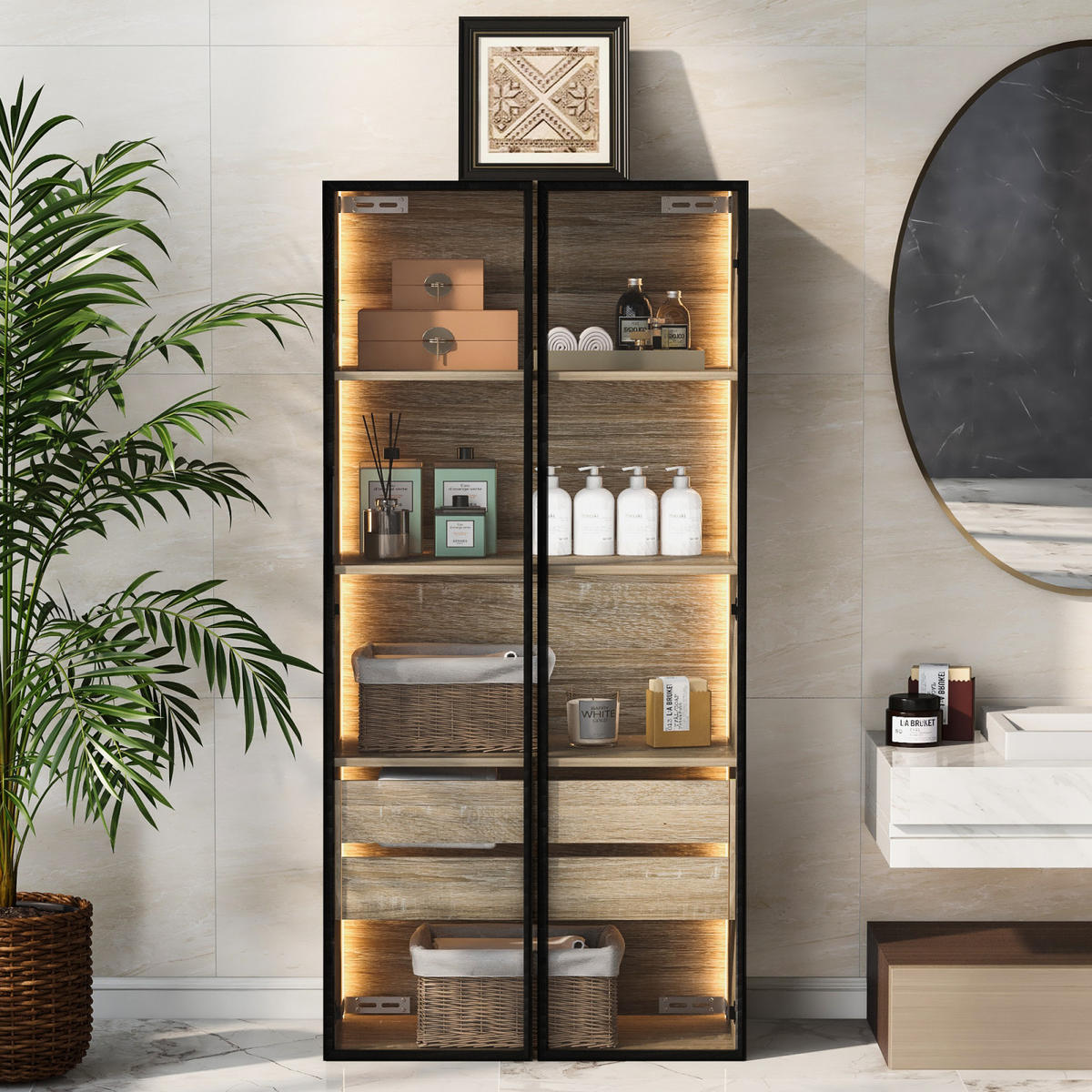 HOCHSCHRANK,BADEZIMMERSCHRANK mit LED Beleuchtung,Schubladen und Glastür - Naturfarben, Holz (74/155/36cm) - PARAFTA HOME