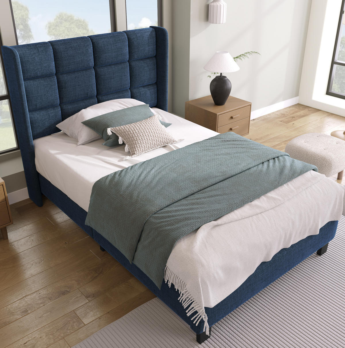 BETT mit Lattenrost 90x200 cm Leinen Blau - Blau, Metall (90/200cm) - Meubliv