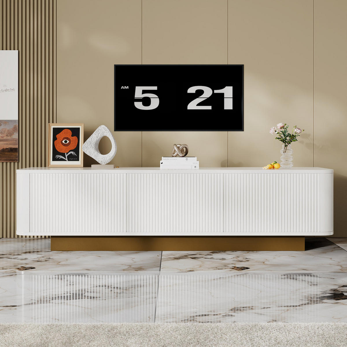 TV-SCHRANK Modern Lowboard Stauraum abgerundetes Design Weiß MDF - Weiß, Holz (43.69/16.76/80.01cm) - FLIEKS
