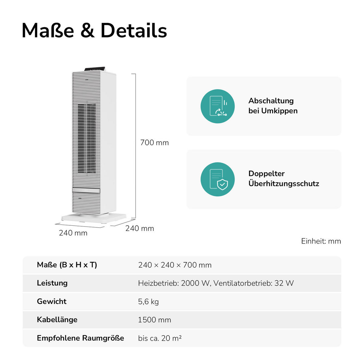 HEIZLÜFTER 2 in 1 mit Ventilator 70 x 24 cm, LED Display, Fernbedienung, Weiß - Weiß, Keramik/Kunststoff (24/70/24cm) - EMKE
