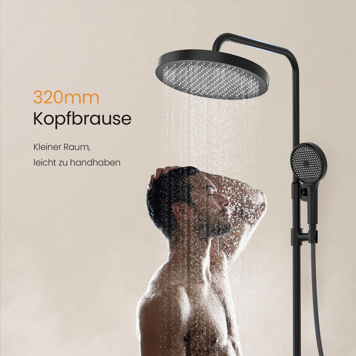 ÜBERKOPFBRAUSESET mit Thermostat Drei Wasserauslassmethoden Schwarz - Schwarz, Metall (13.5/106/44.6cm) - EMKE